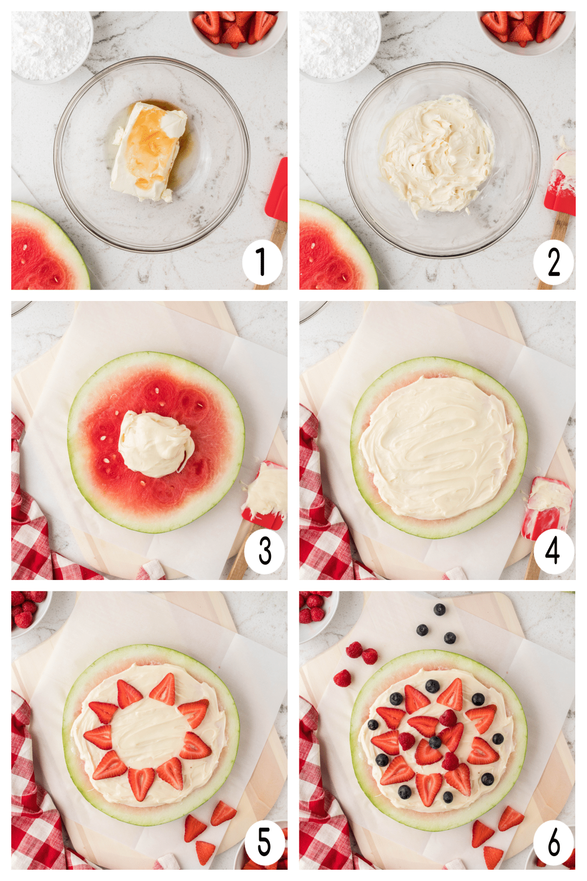 Overhead process shots of how to make a watermelon fruit pizza.