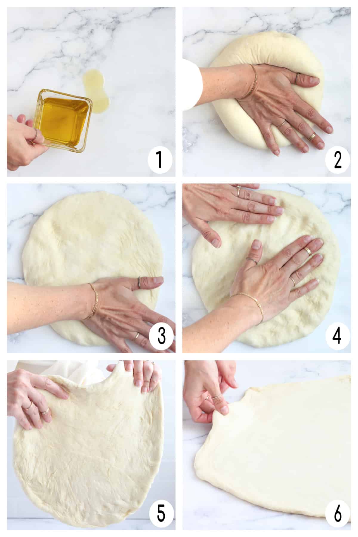 Images showing how to stretch pizza dough for homemade pizza. 