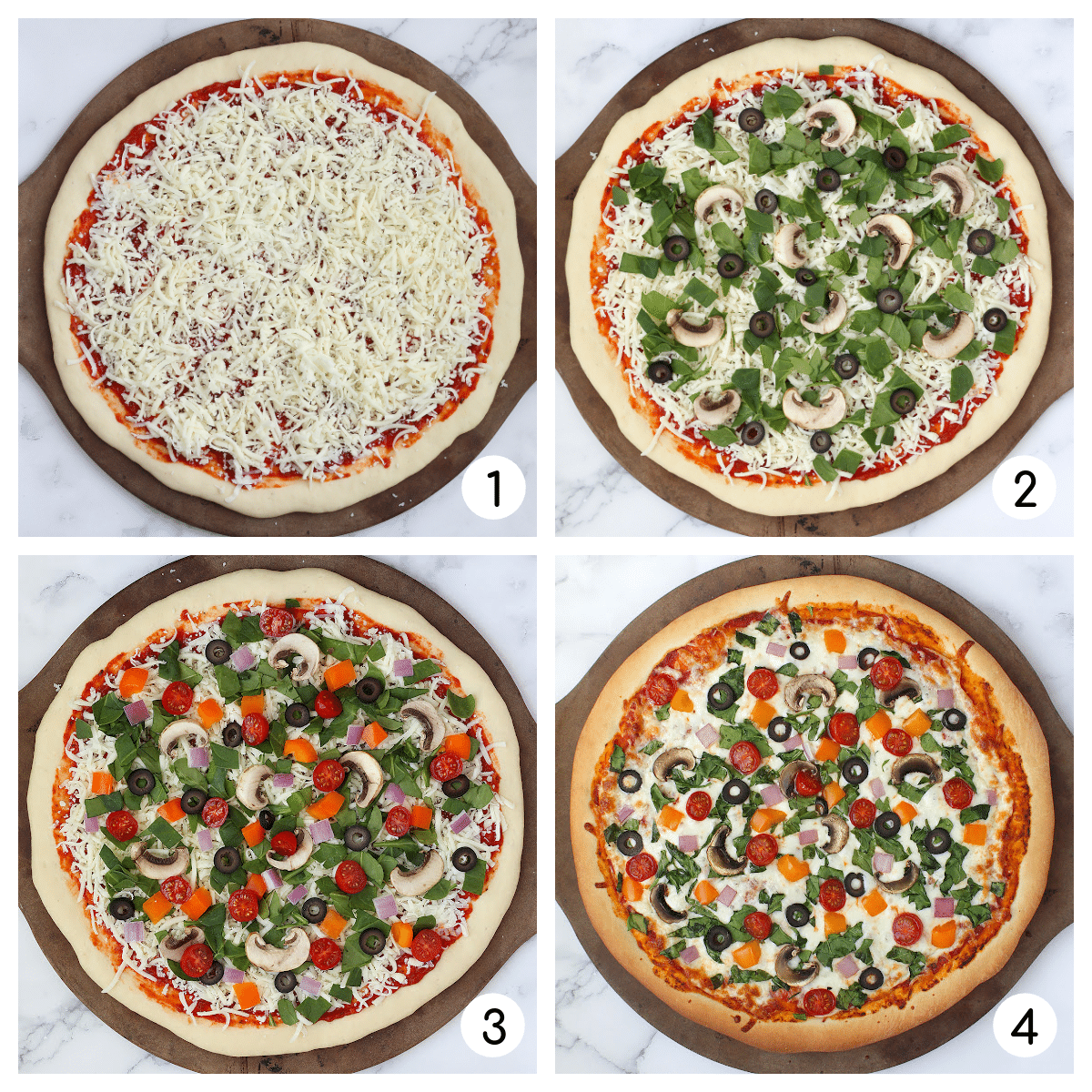 Process shots for how to make the best homemade veggie pizza.