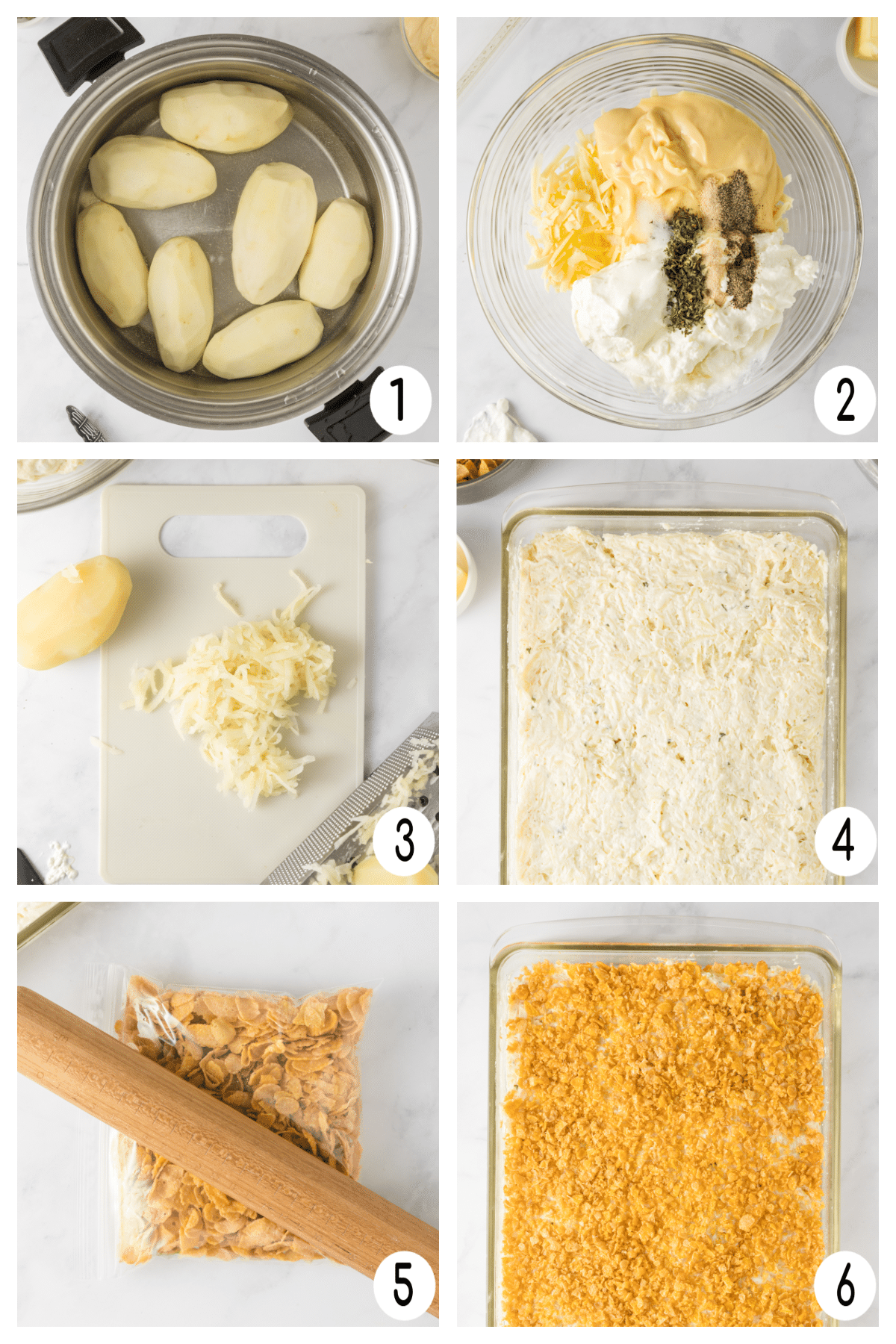 Process shots for how to make this cheesy potatoes recipe.