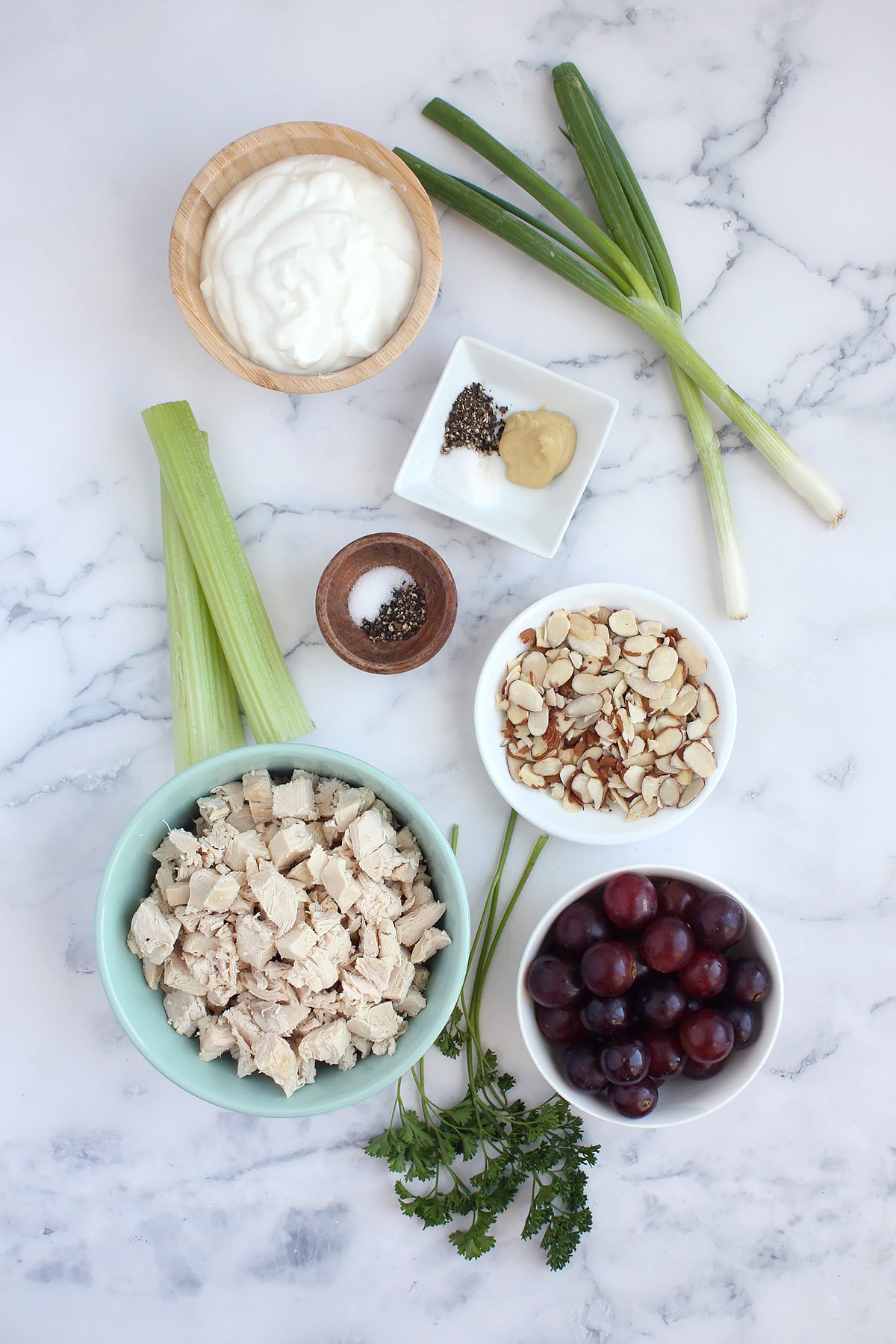 Ingredients you need to make homemade chicken salad.