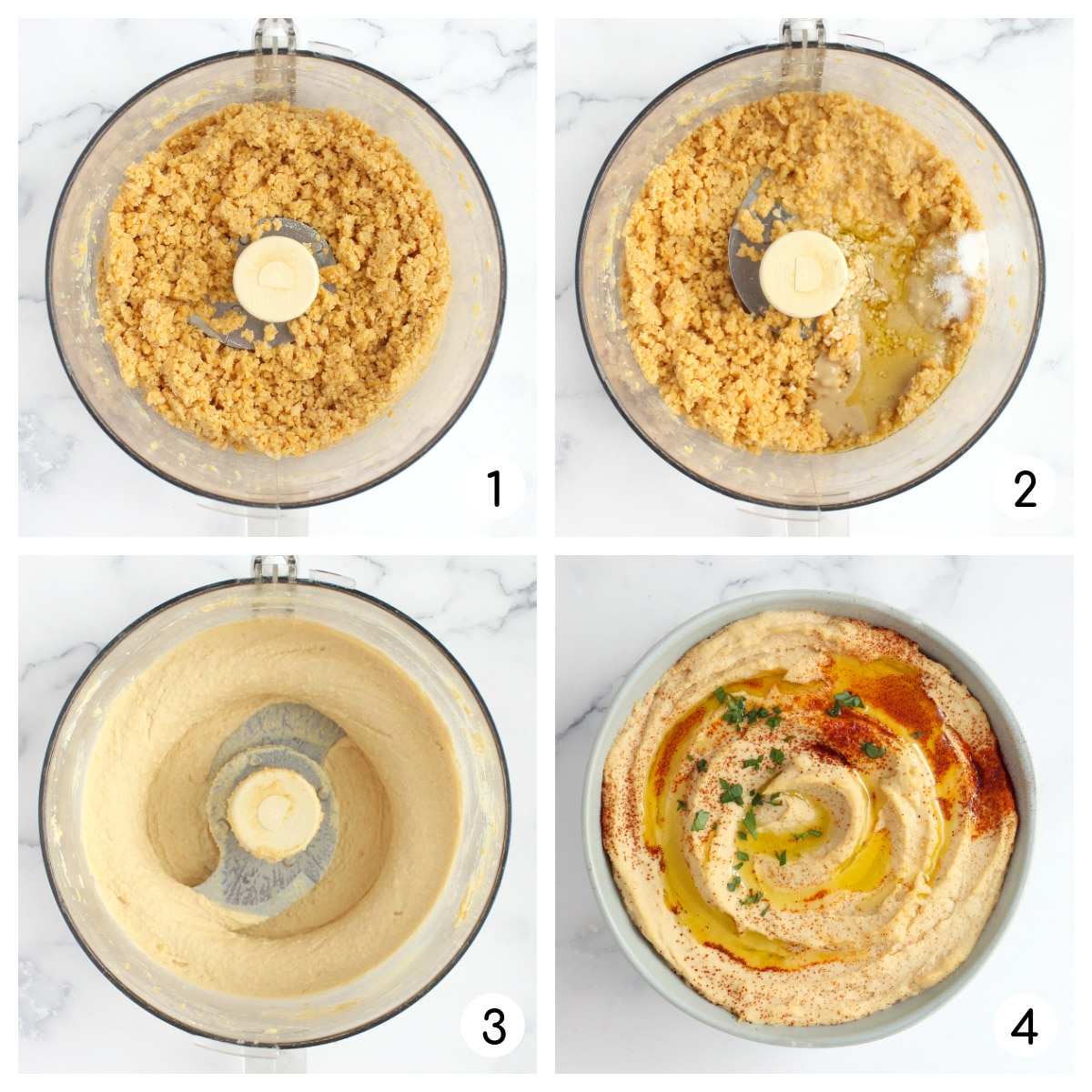 Process shots for how to make homemade hummus in a food processor.