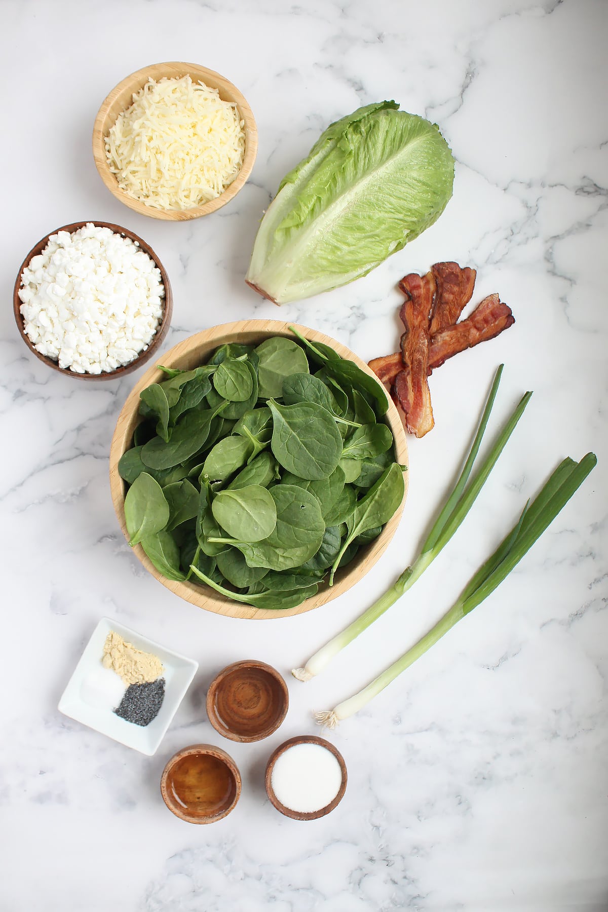 Ingredients for our favorite spinach salad recipe.