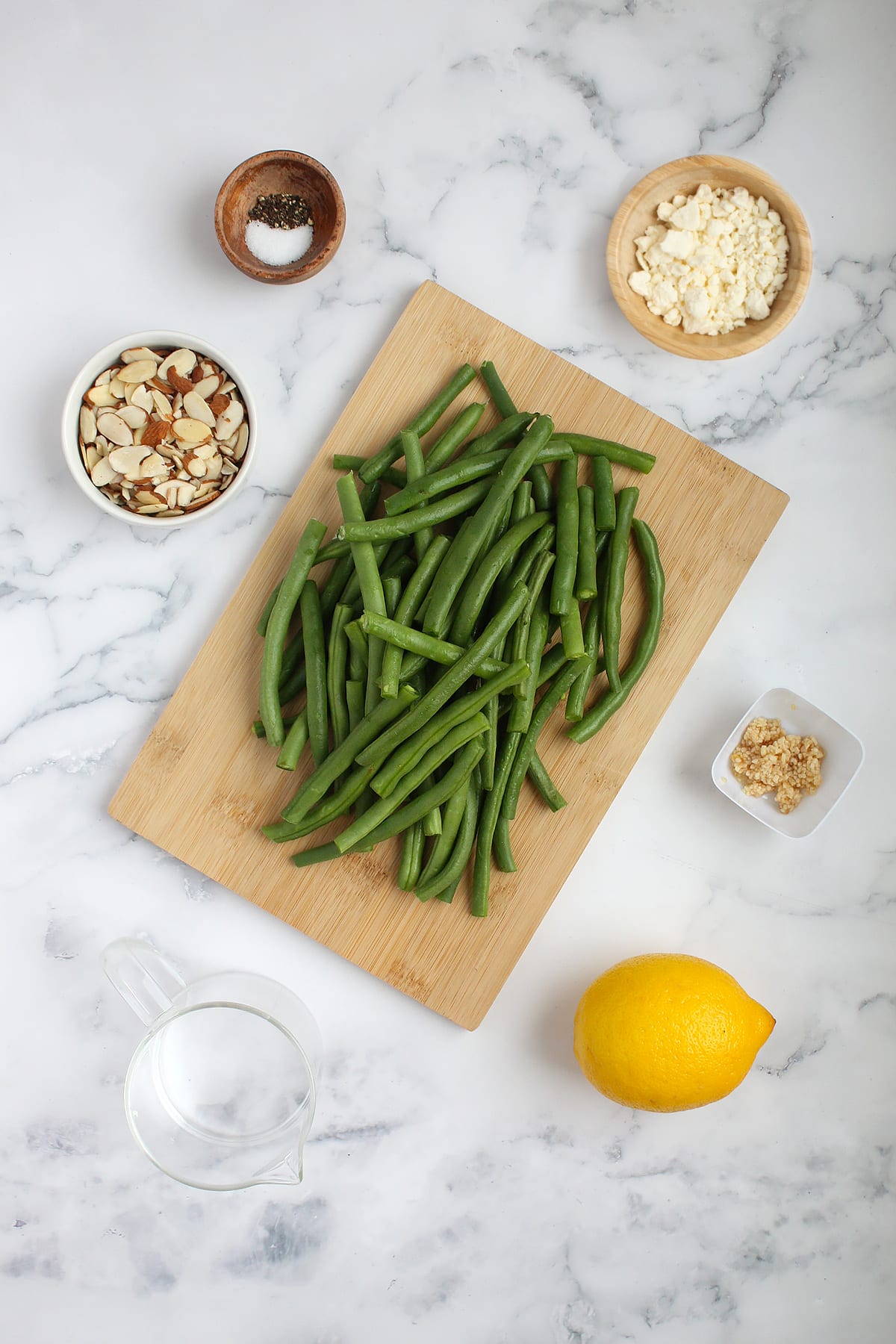 Ingredients needed for fresh green bean salad.
