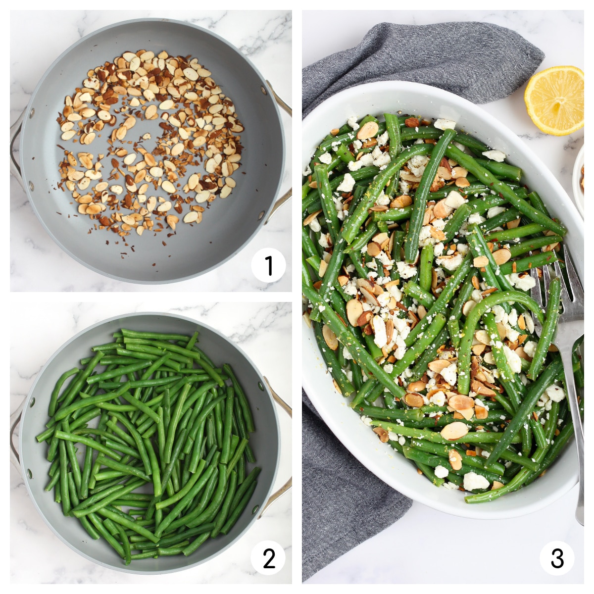 Process shots for the preparation of green bean salad.