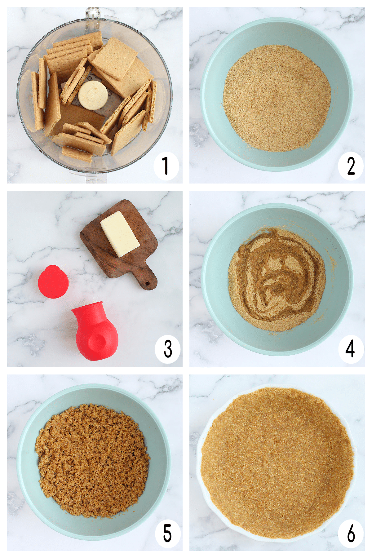 Process shots for how to make a graham cracker crust.