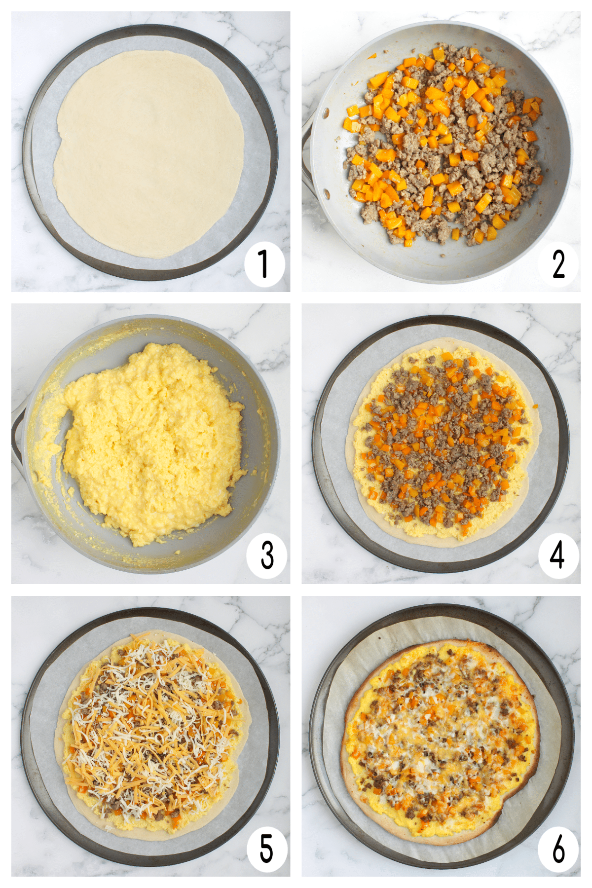 A process shot of how to make this breakfast pizza recipe.