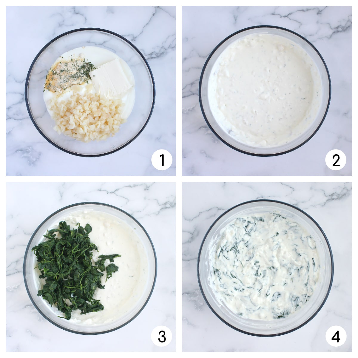 Process shots for how to make healthy spinach dip.