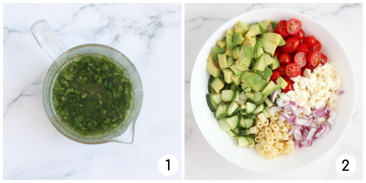 Process shots showing how to make avocado pasta salad.