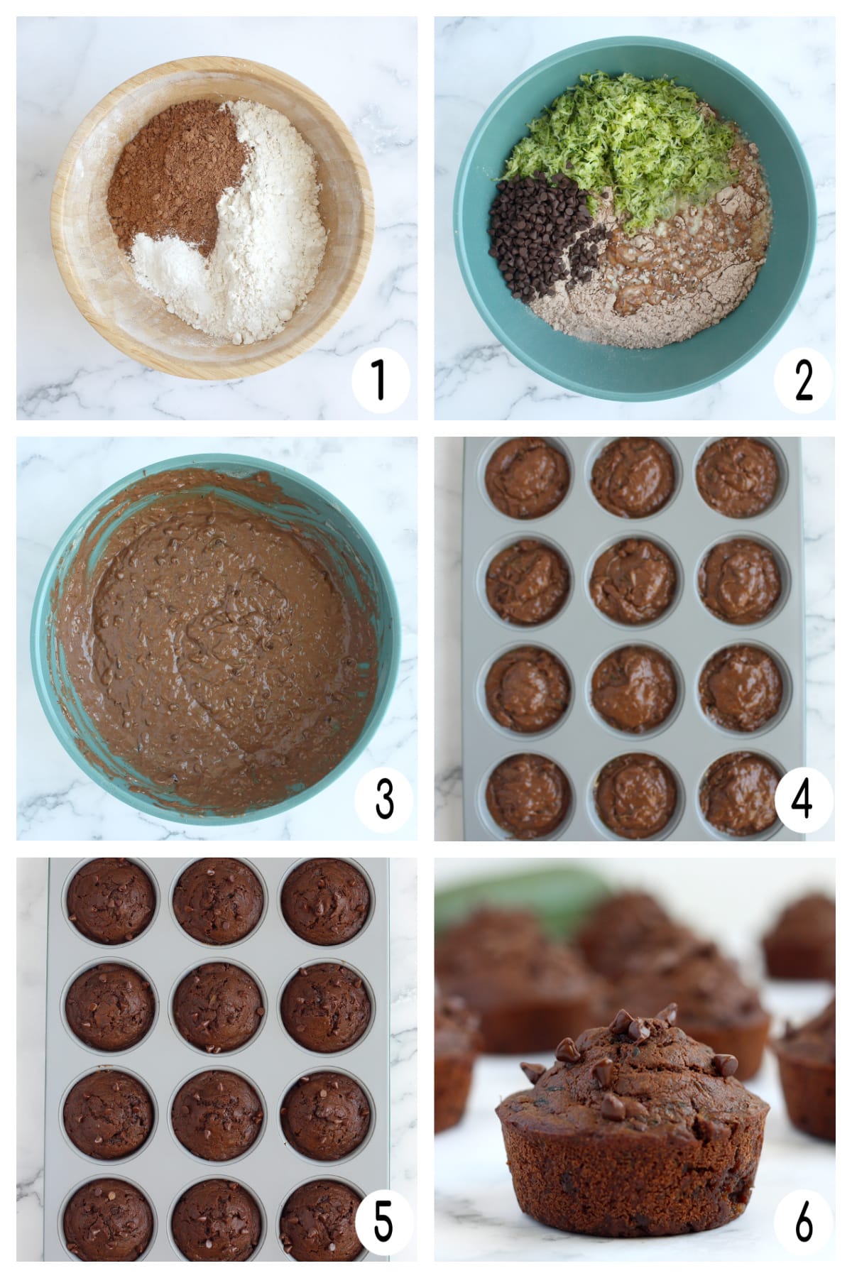 Process shots showing how to make chocolate zucchini muffins.