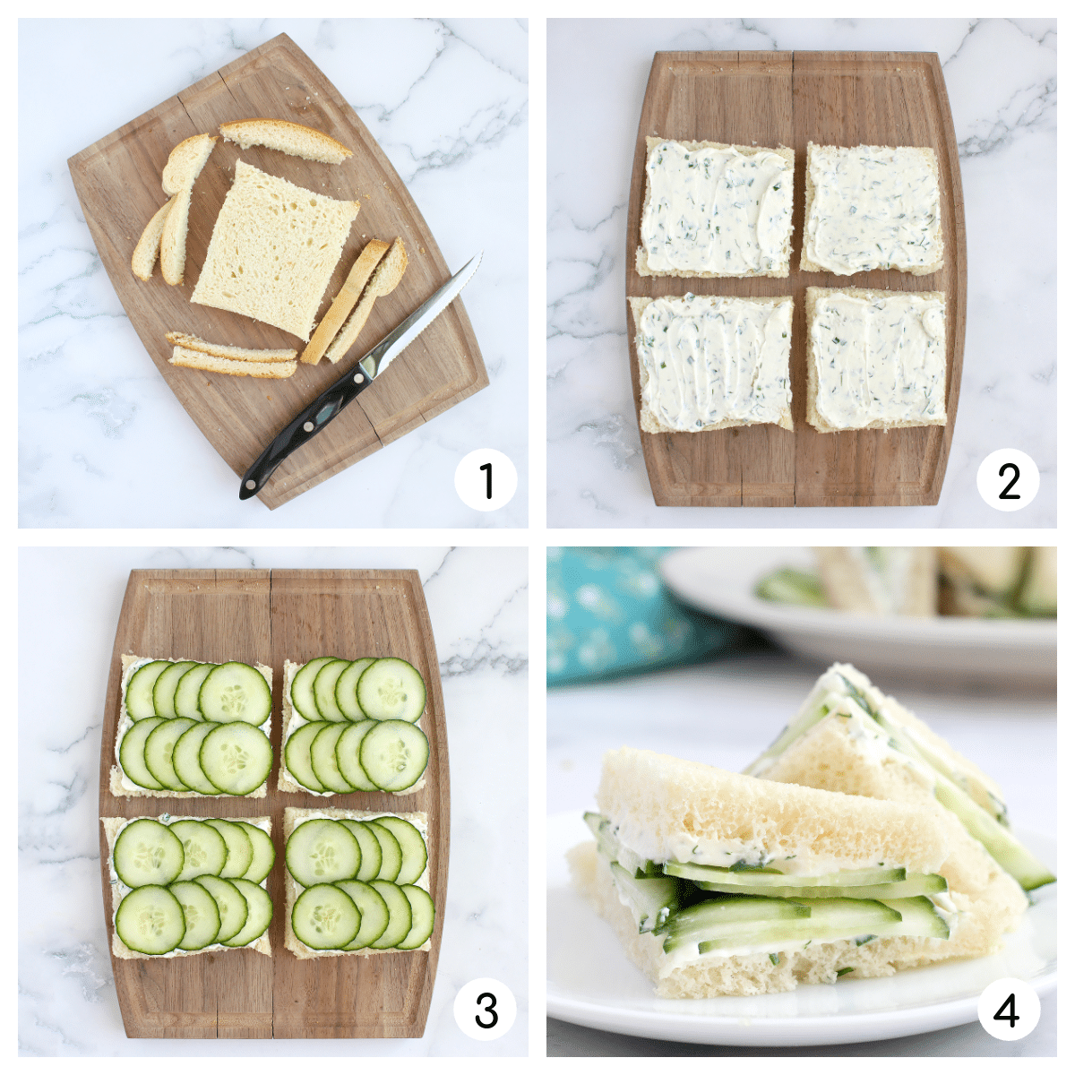 process shots showing how to make cucumber sandwiches.