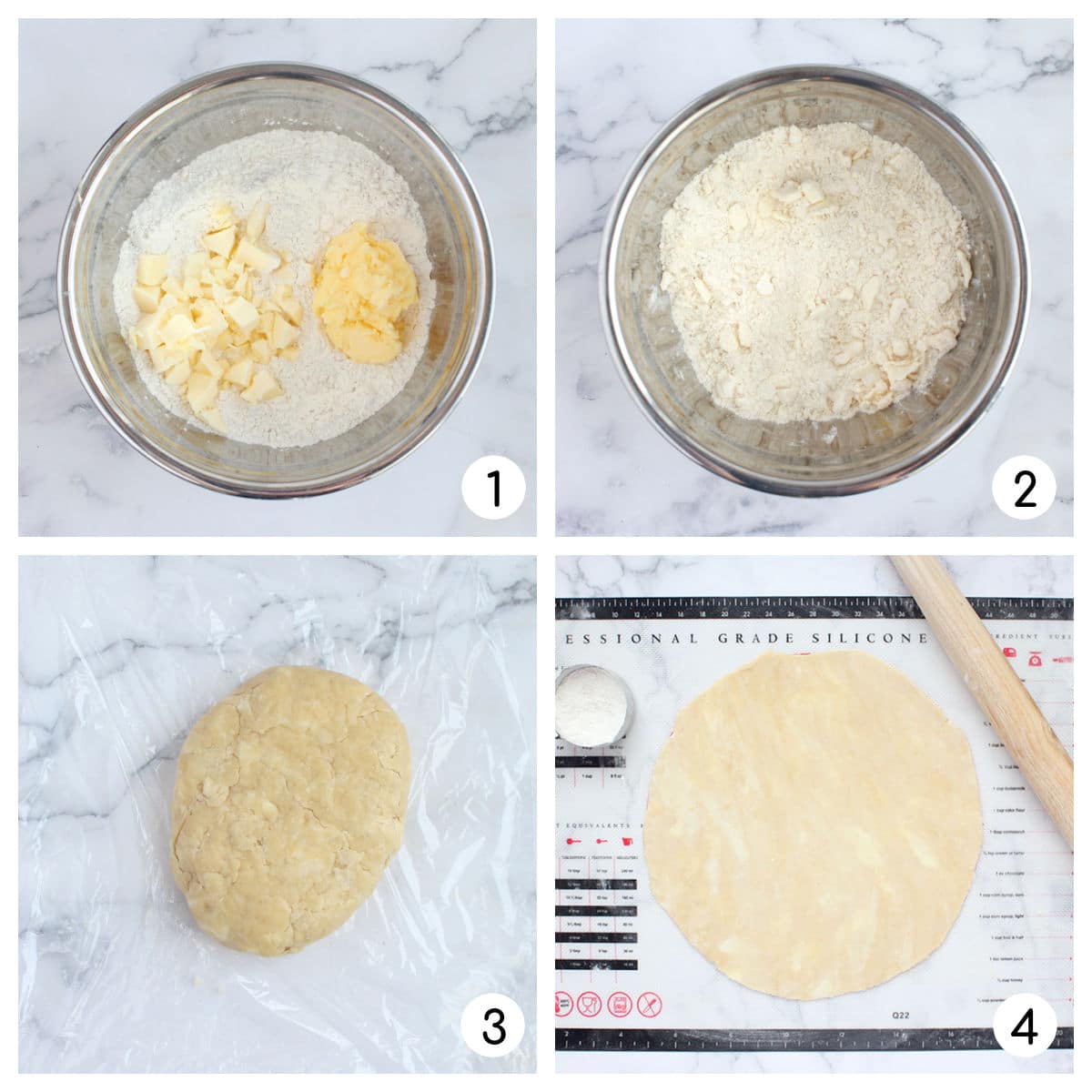 Process shots showing how to make homemade pie crust.