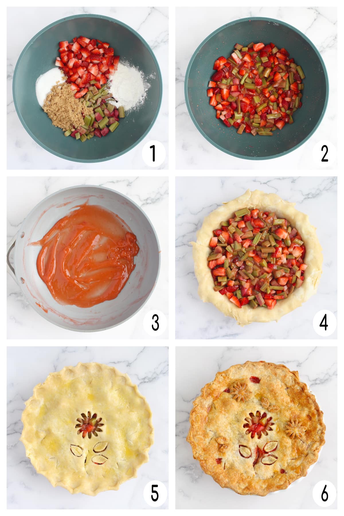 Process shots showing how to make a strawberry rhubarb pie.