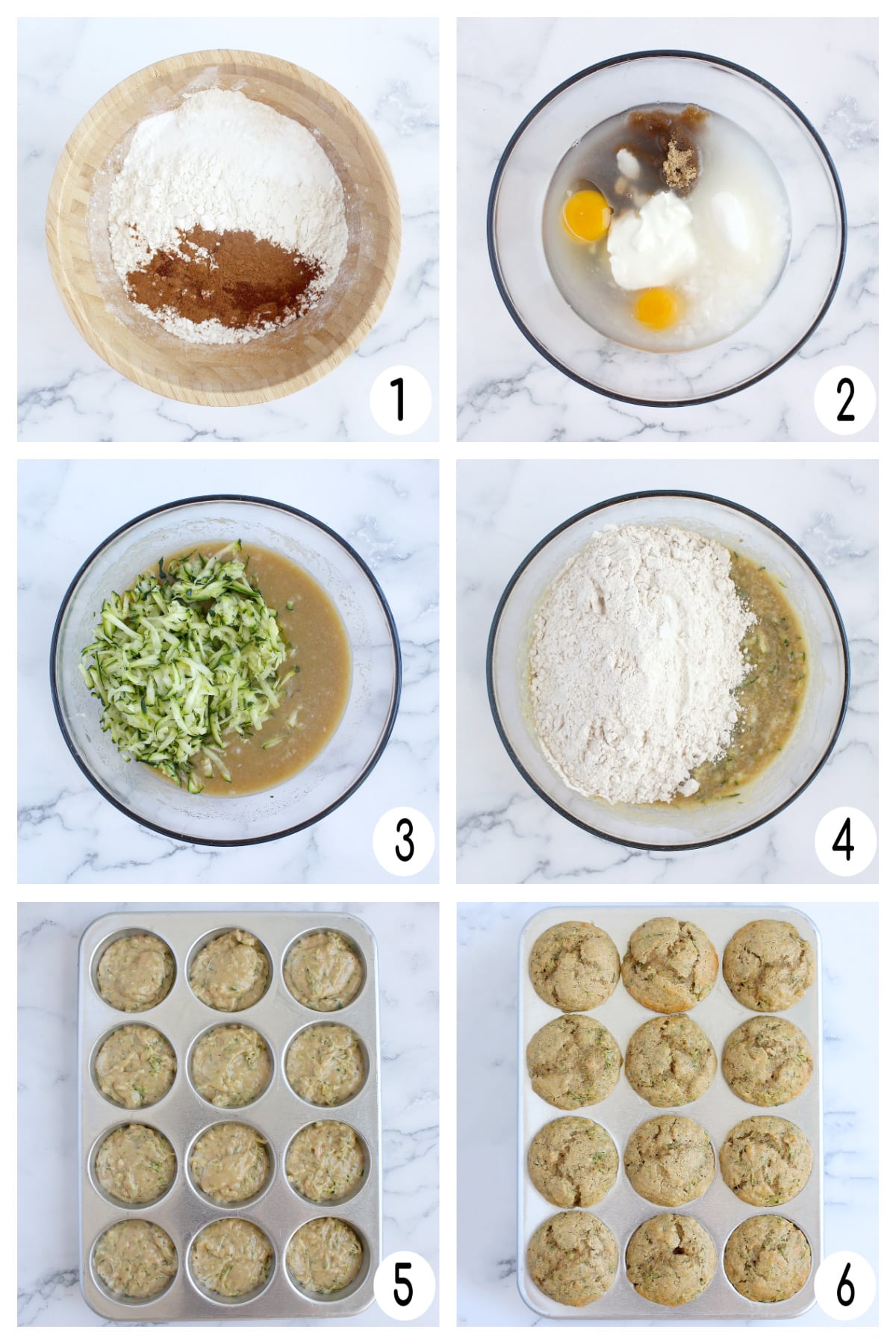 Overhead process shots showing how to make homemade zucchini muffins.