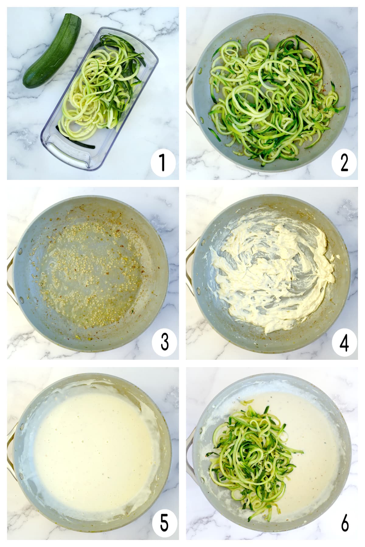 Process shots showing how to make alfredo zucchini noodles.