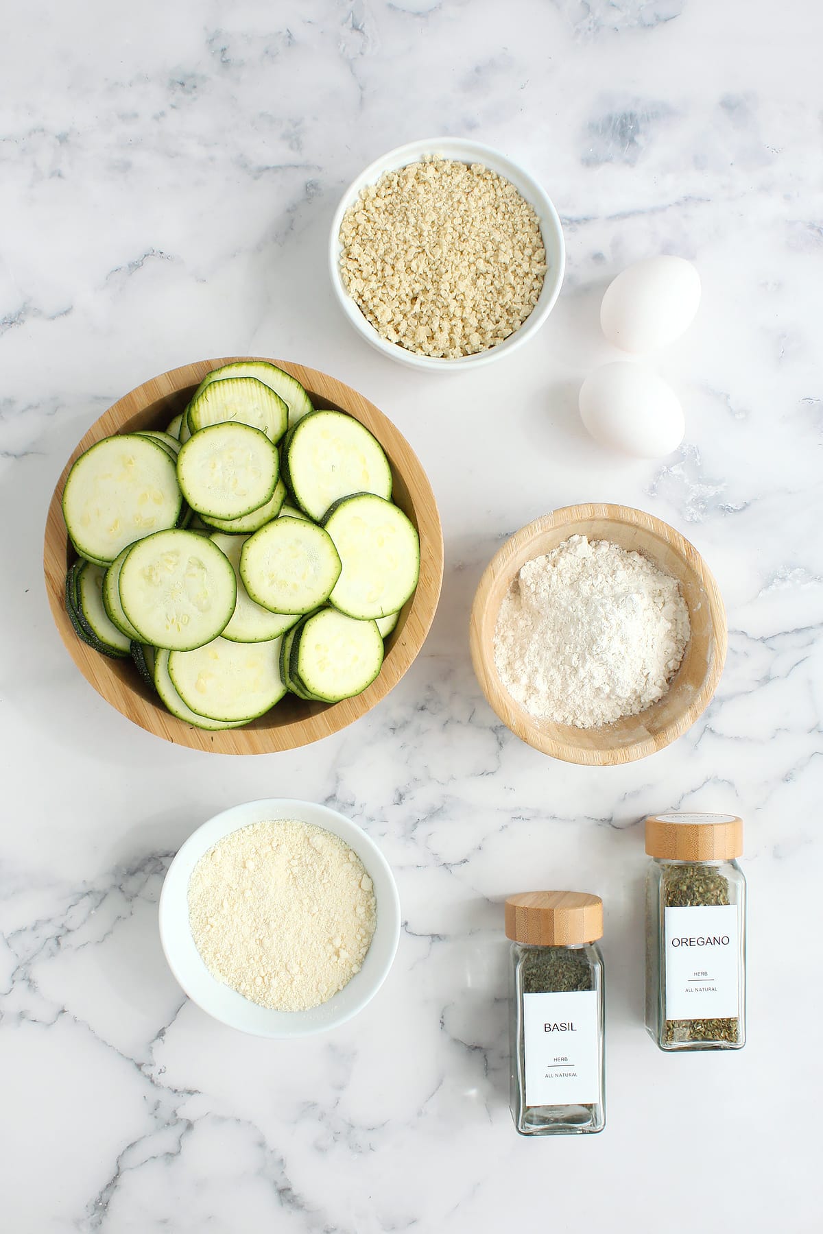 Ingredients needed to make crispy baked zucchini chips.