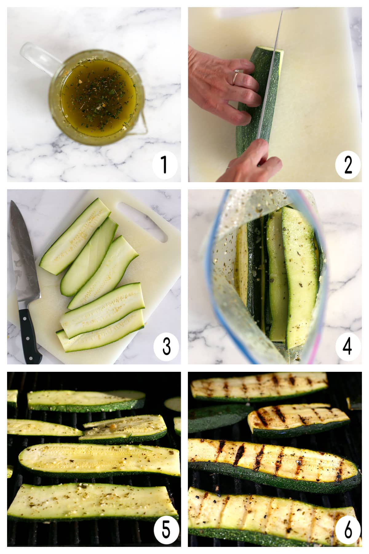 Process shots showing how to make grilled zucchini with herbed lime marinade.