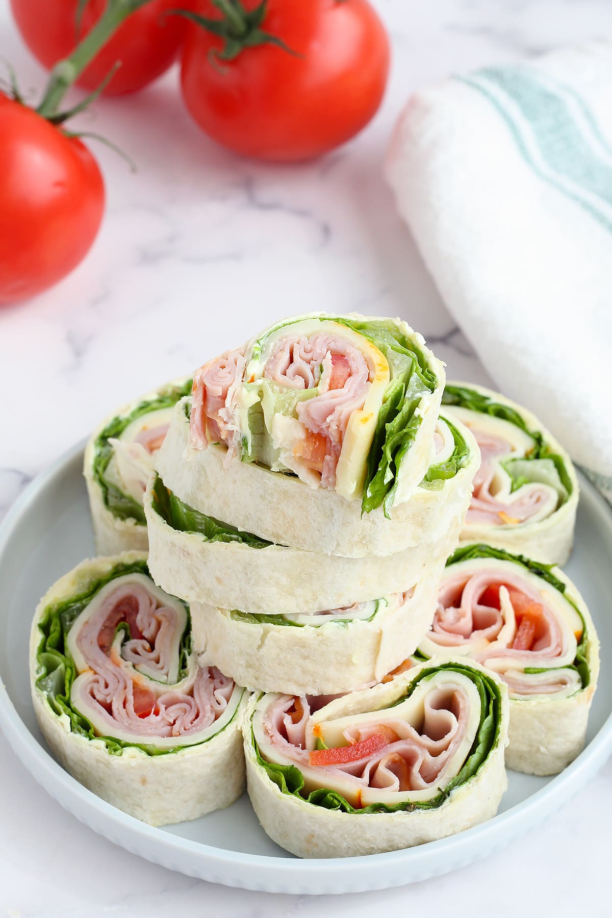 Ham and cheese rolled into a tortilla and sliced into pinwheels.