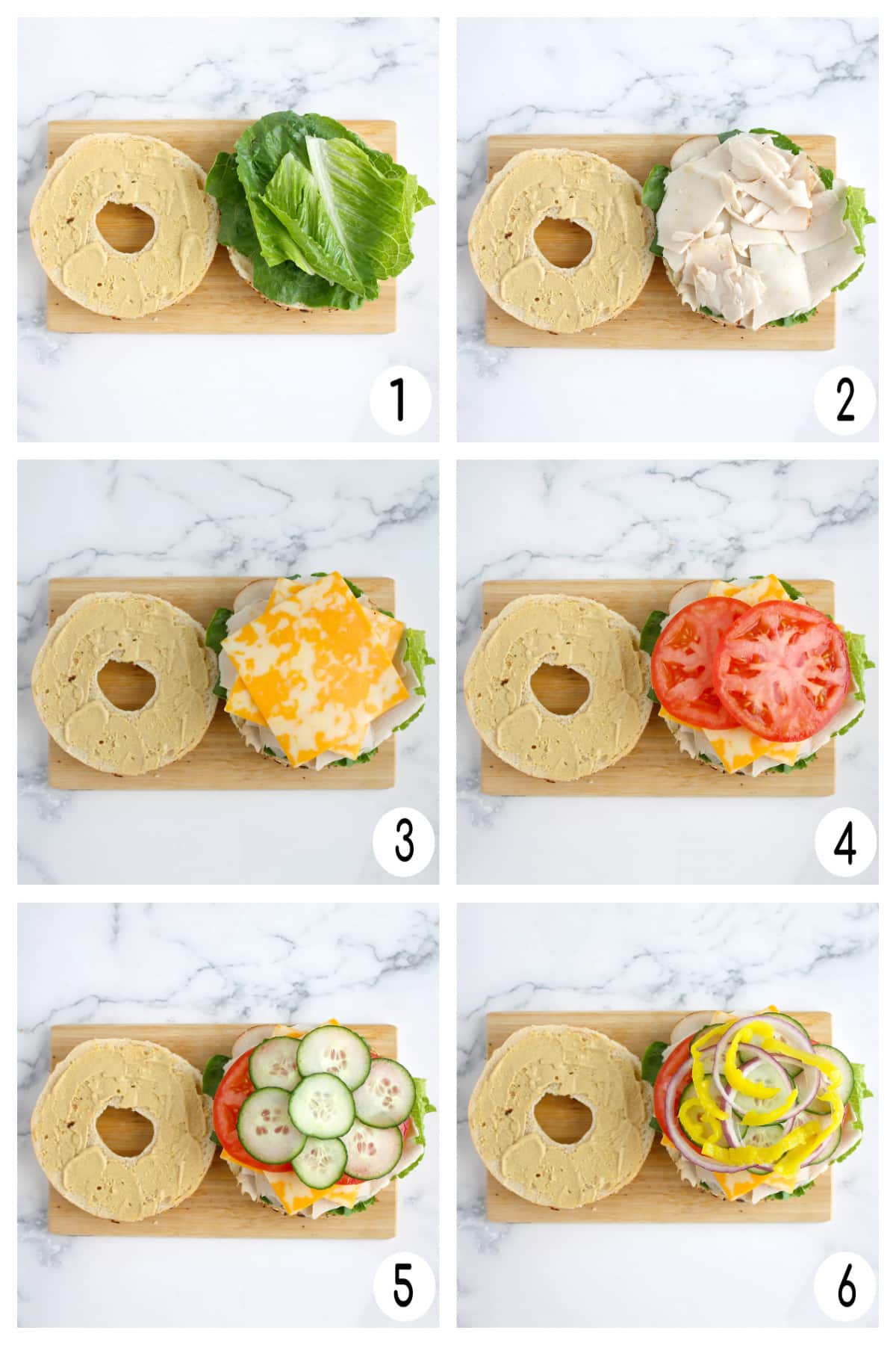 Process shots showing how to make turkey bagel sandwiches.