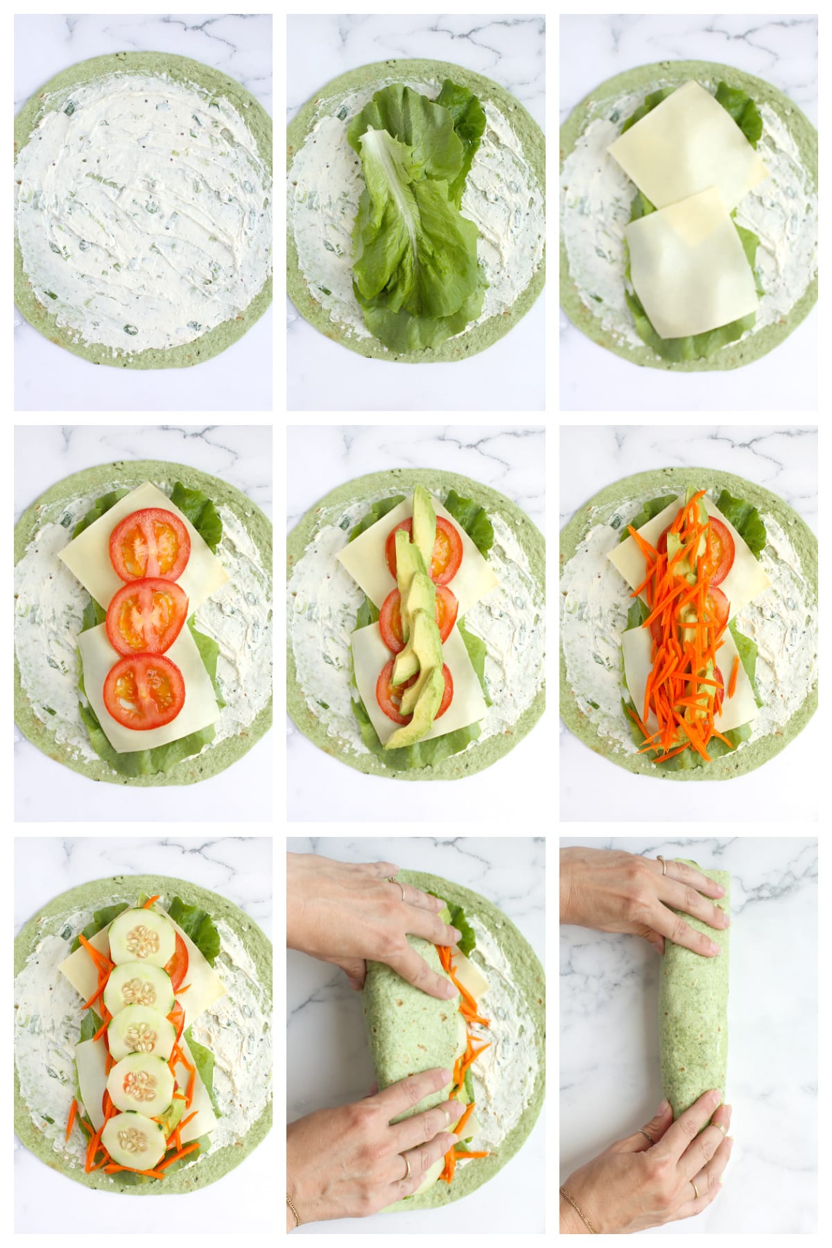 Process shots showing how to make veggie wraps.