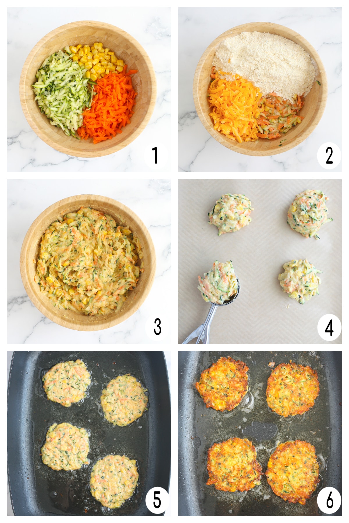 Process shots showing how to make zucchini fritters.