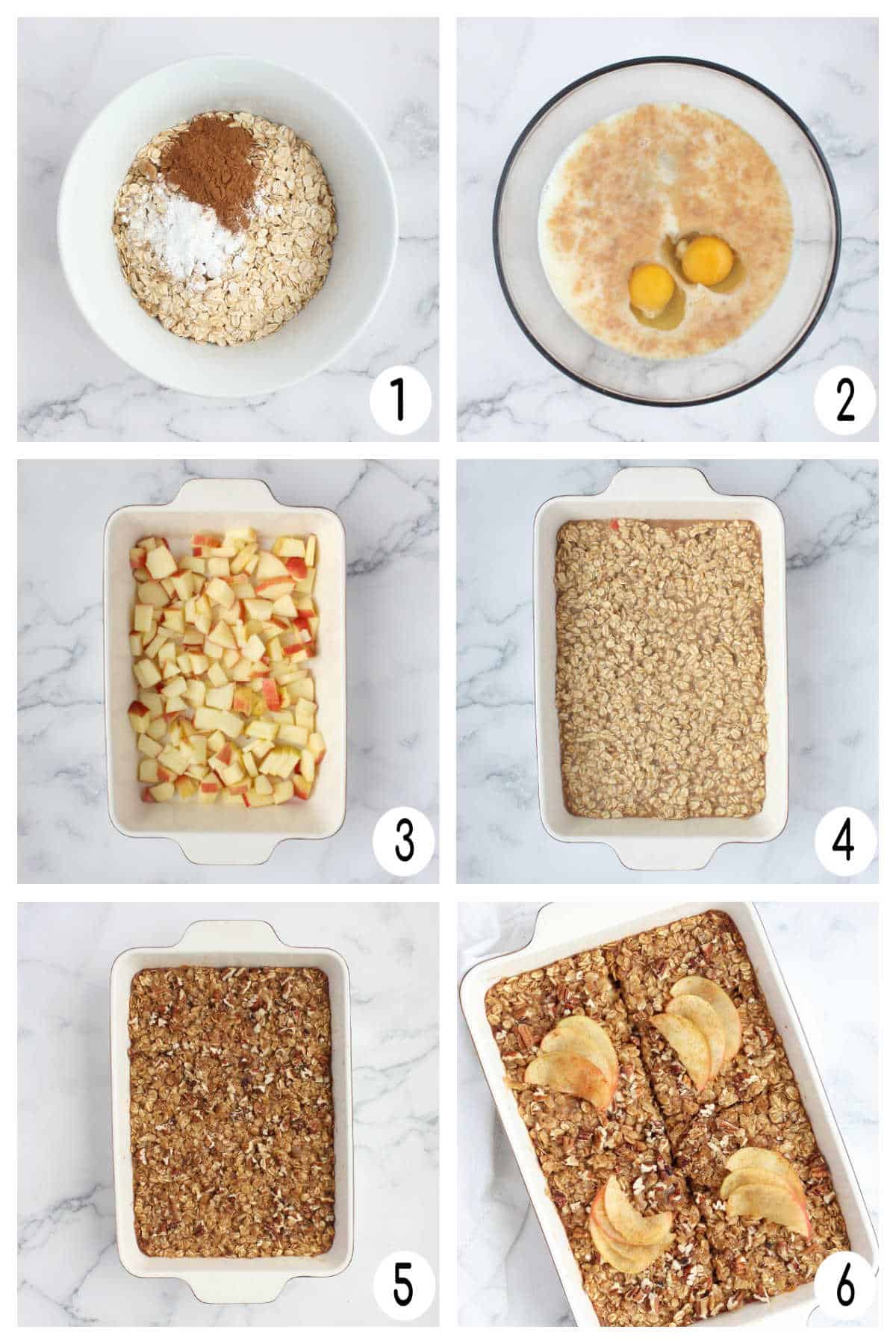 Process shots showing how to make apple cinnamon baked oatmeal. 