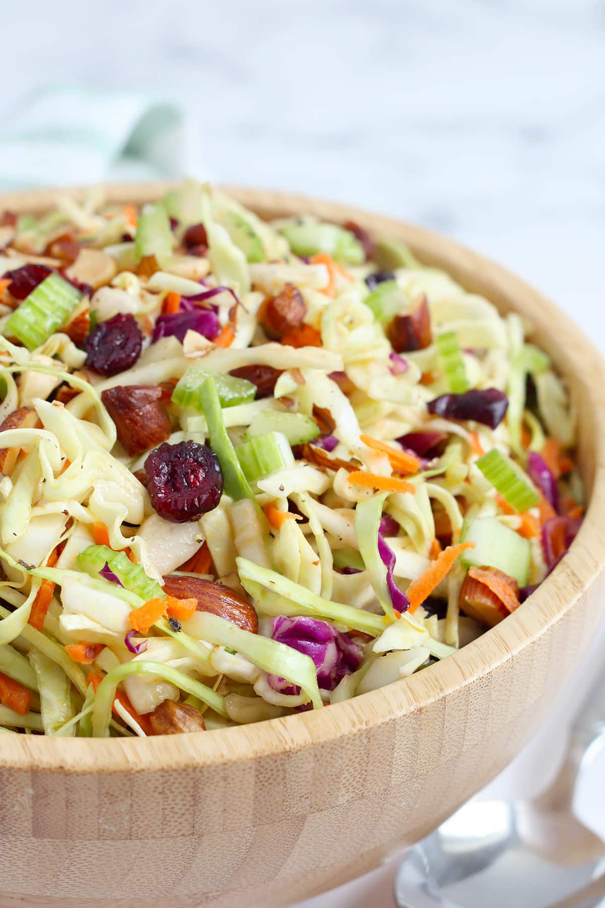 Homemade coleslaw with dried cranberries and chopped almonds in a large serving bowl.