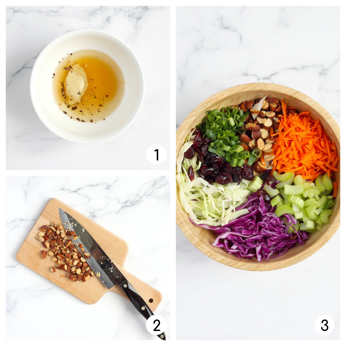 Process shots showing how to make homemade coleslaw with vinegar dressing.