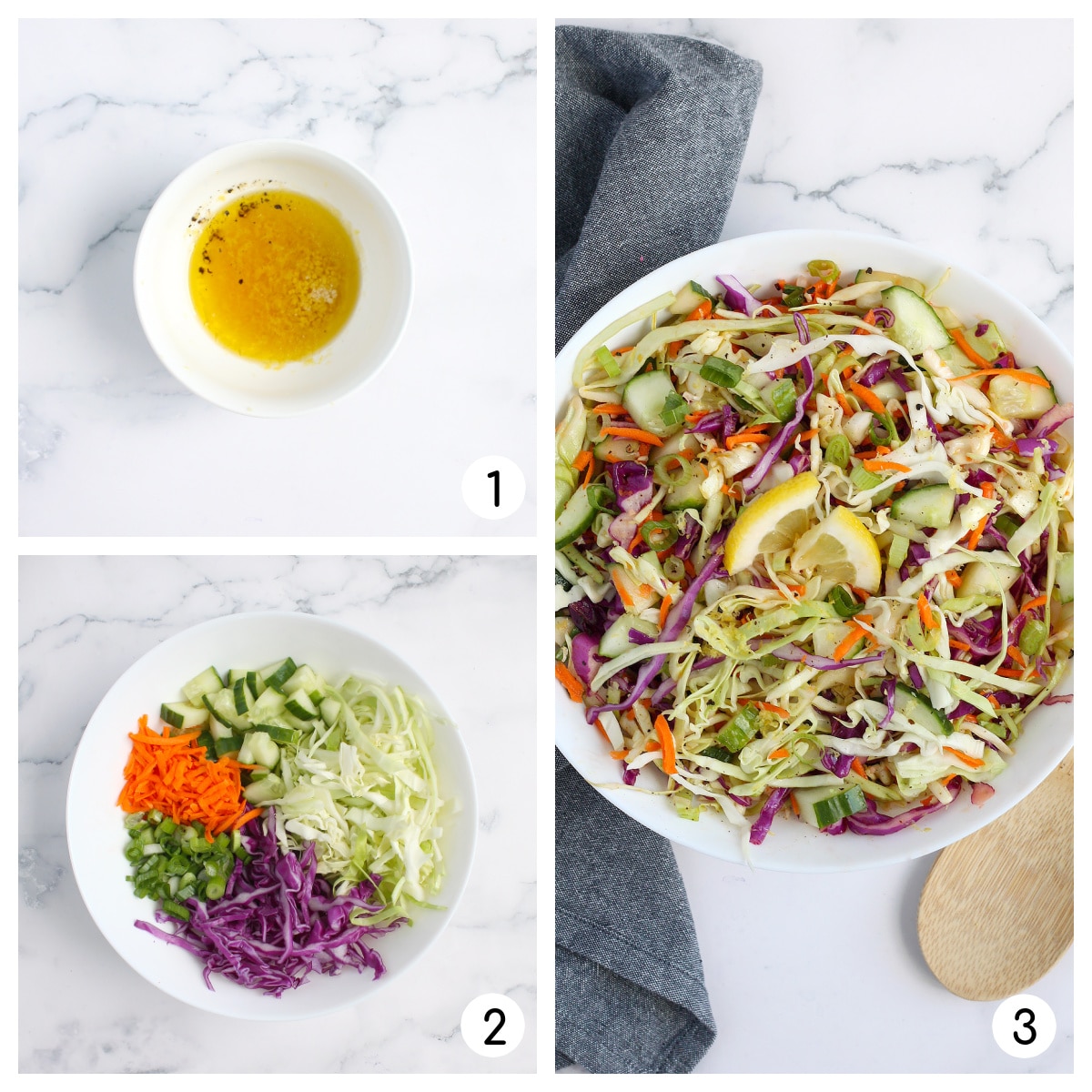 Process shots showing how to make coleslaw with lemon vinaigrette.