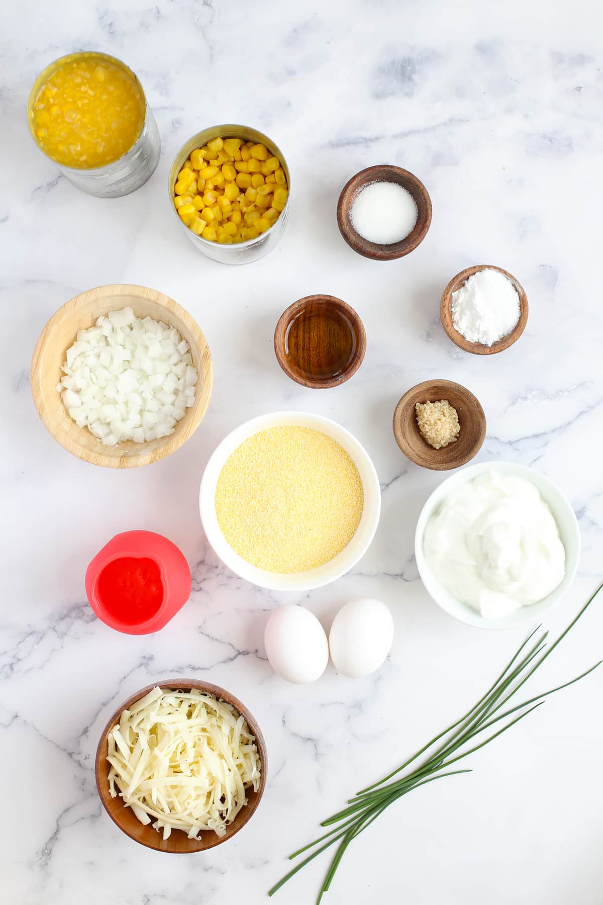 Ingredients needed to make homemade cornbread casserole.