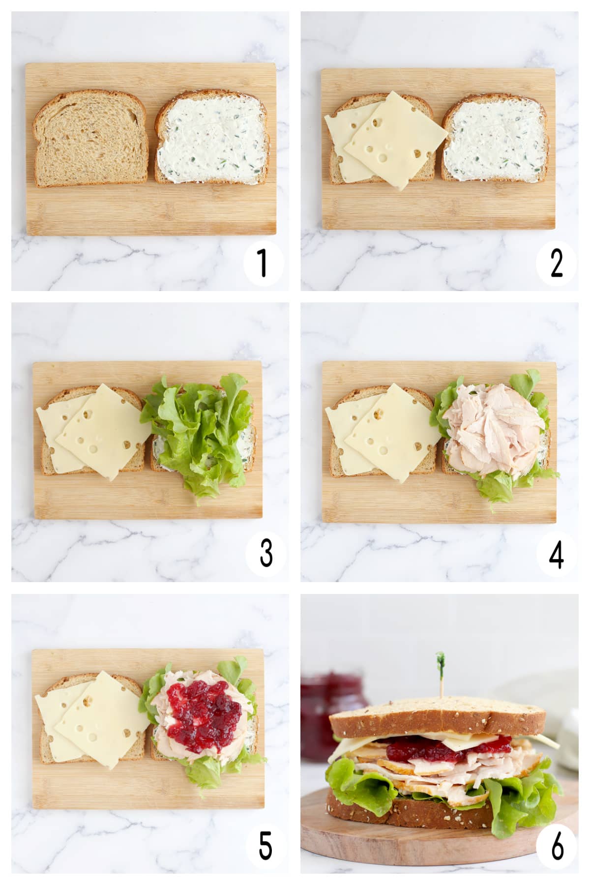 Process shots showing how to make cranberry turkey sandwiches.