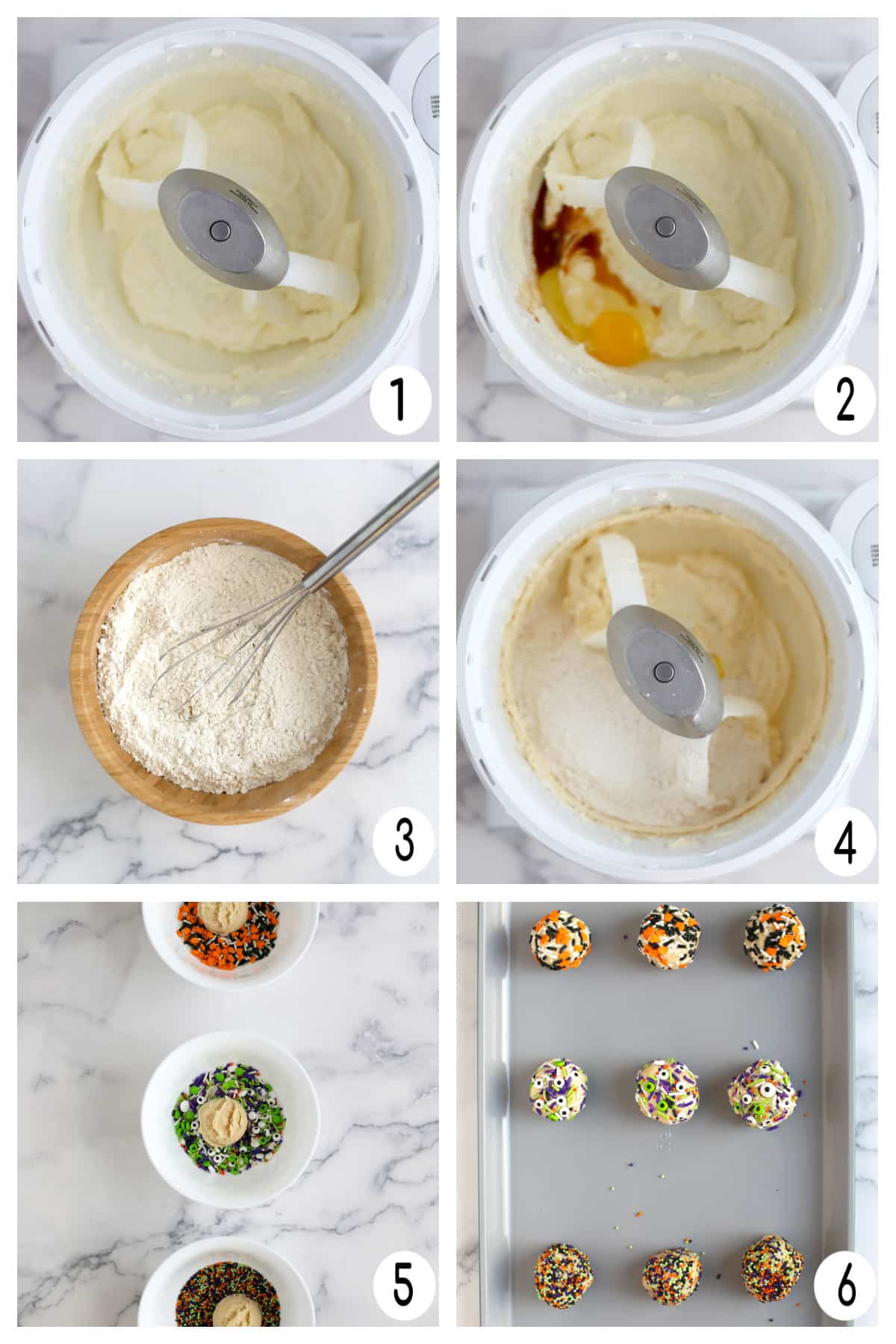 Overhead process photos showing how to make halloween sugar cookies rolled in sprinkles.