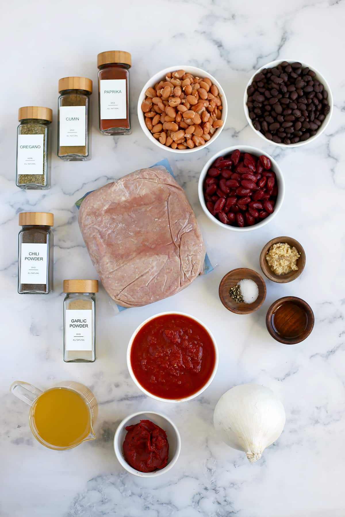 Ingredients needed to make homemade turkey chili.