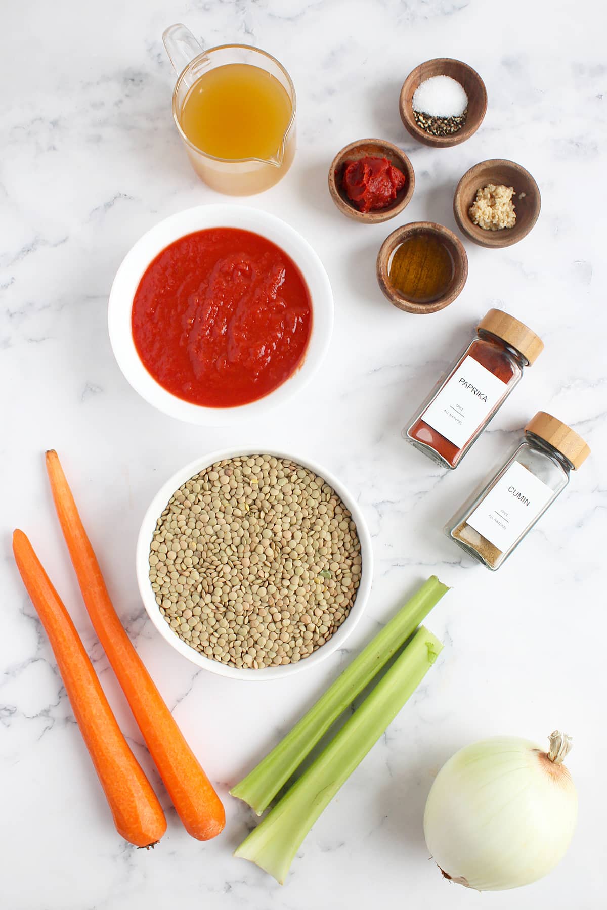 Ingredients you need to make homemade lentil soup.