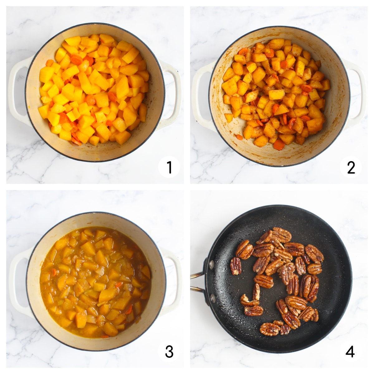 Process shots showing how to make butternut squash soup and maple glazed pecans.