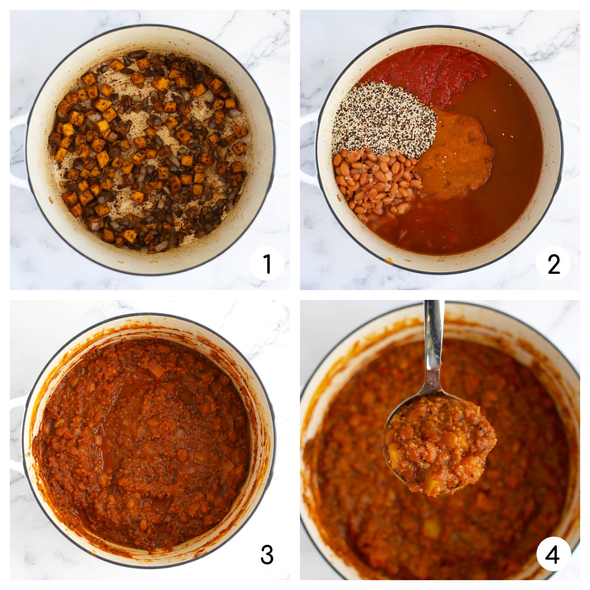 A collage of p،tos s،wing ،w to make pumpkin chili with quinoa.