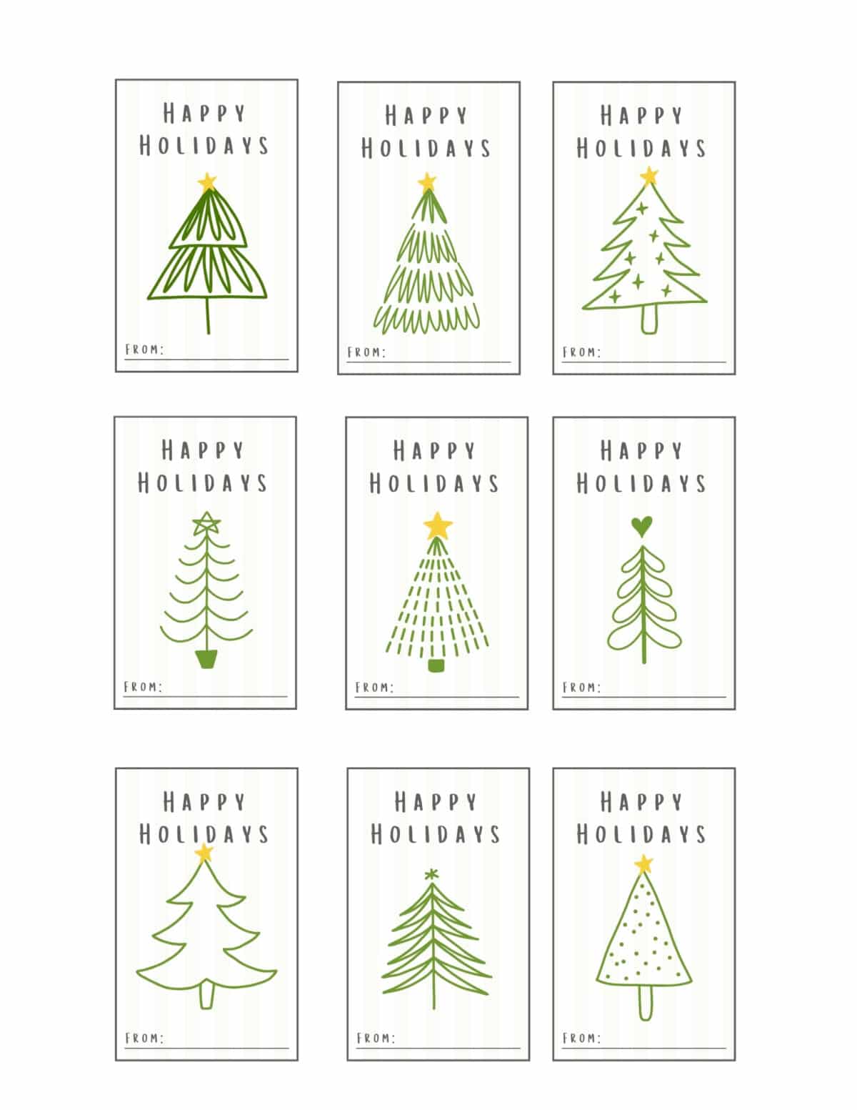 Printable gifting tags with a christmas tree design that says happy holidays.