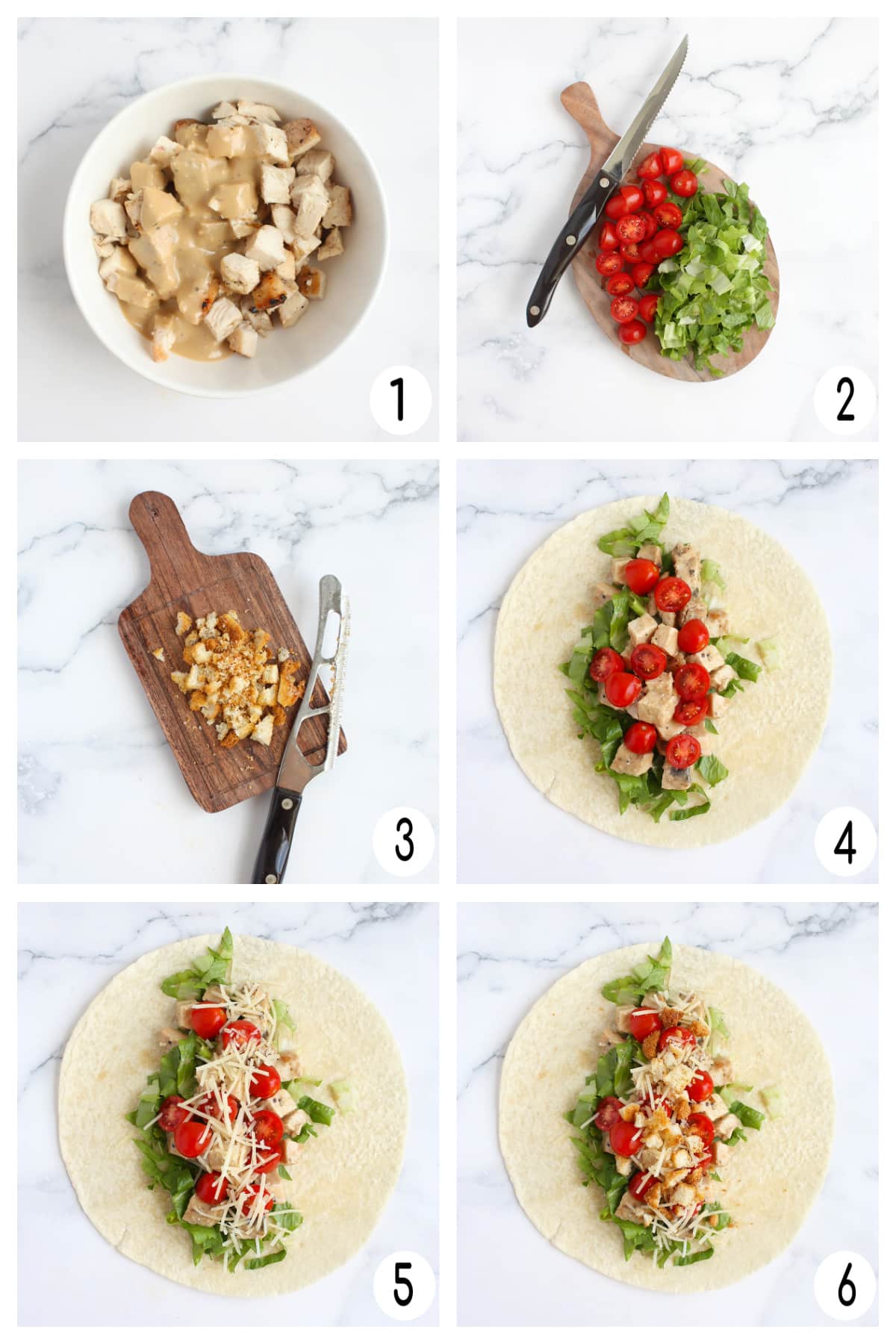 process photos showing how to make chicken caesar wraps