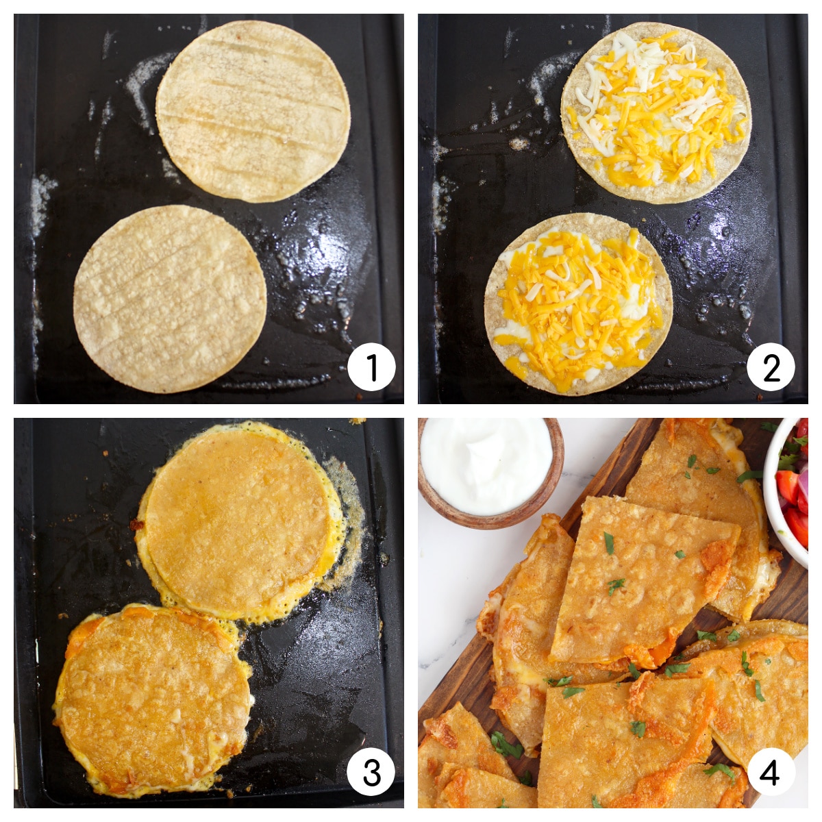 process shots showing how to make corn tortilla quesadillas