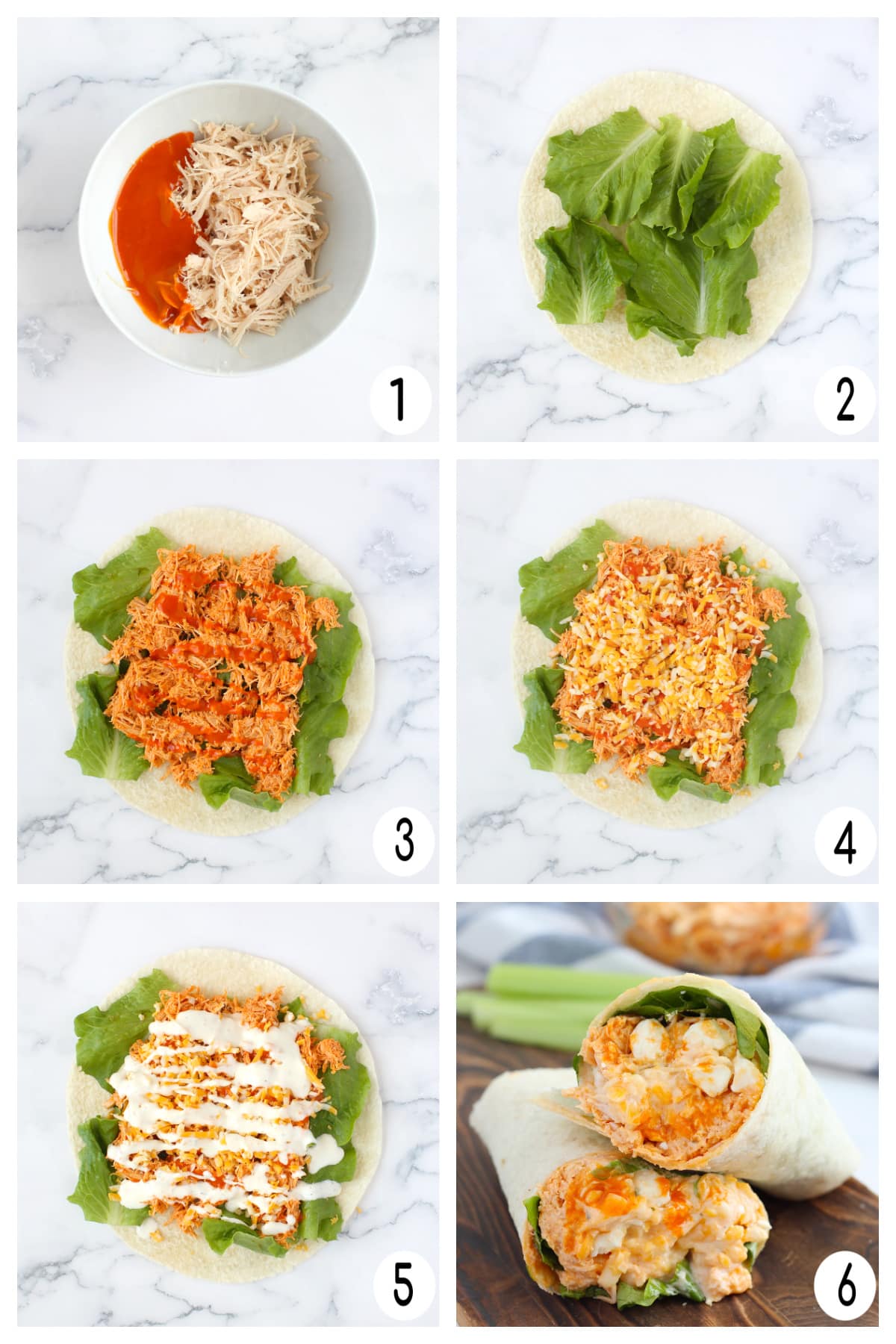 process shots showing how to make easy buffalo chicken wraps