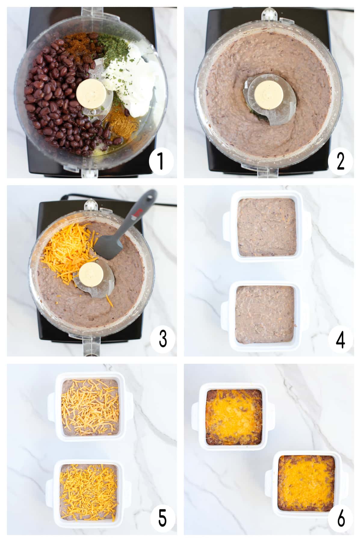 process shots showing how to make this high protein black bean dip