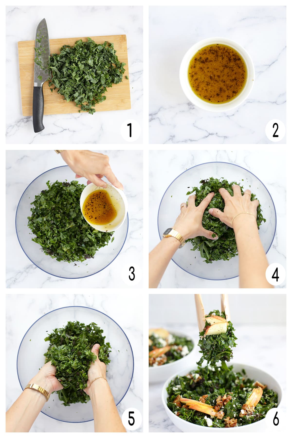 process shots showing how to make massaged kale salad