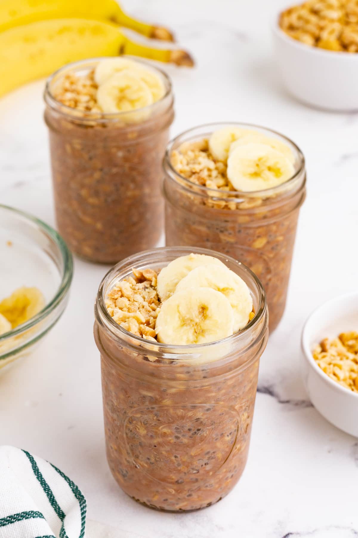 chocolate banana overnight oats in mason jars
