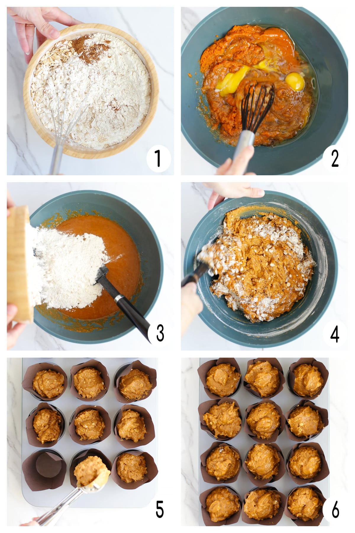 process shots showing how to make pumpkin streusel oat muffins