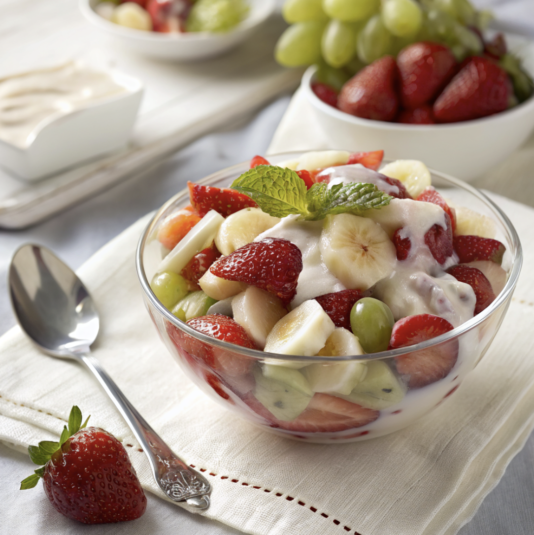 A vibrant fruit salad with strawberries, grapes, and bananas coated in a creamy yogurt dressing, served in a clear glass bowl on a white tablecloth, bright natural light, fresh and colorful.