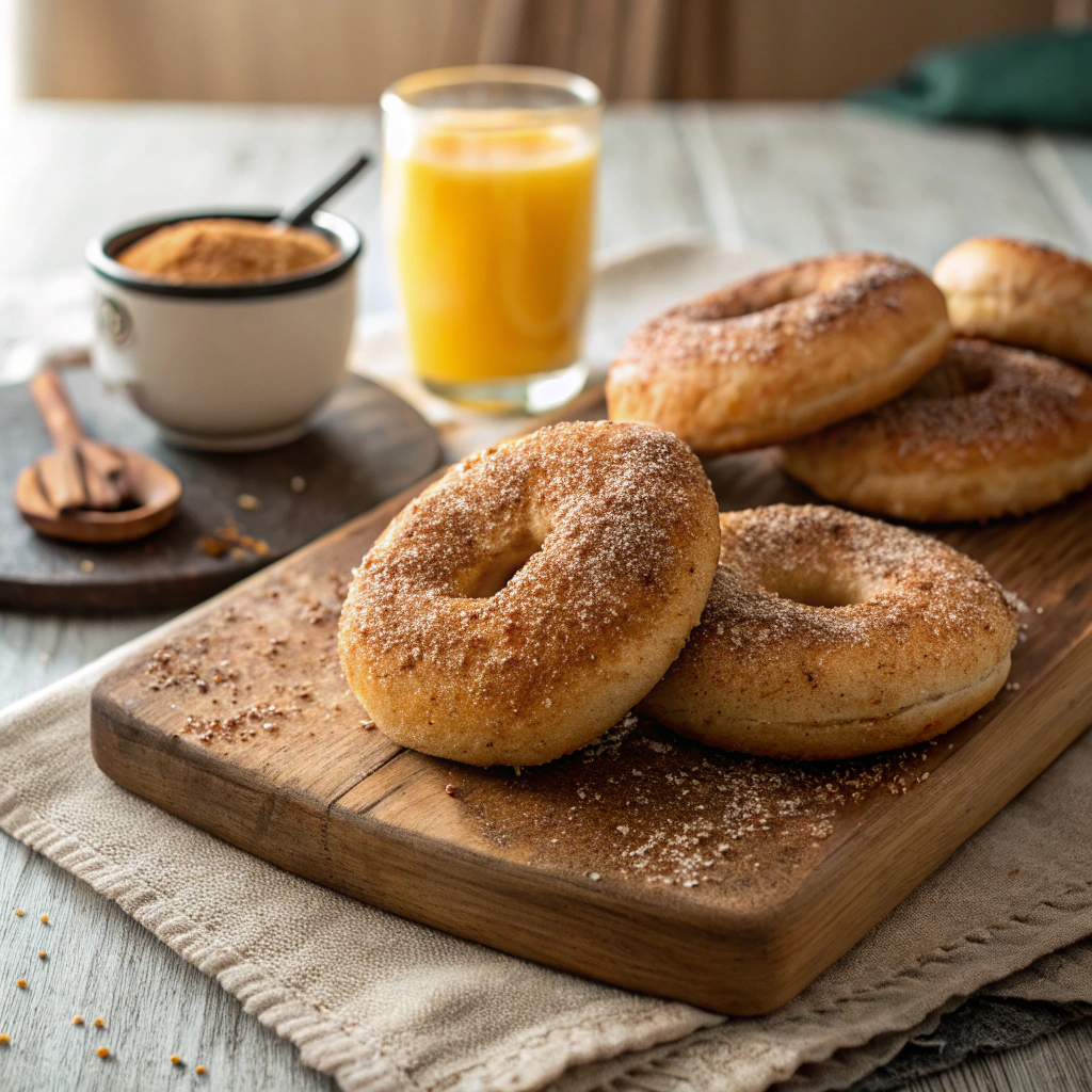 Homemade bagels topped with cinnamon and sugar on a rustic wooden board.