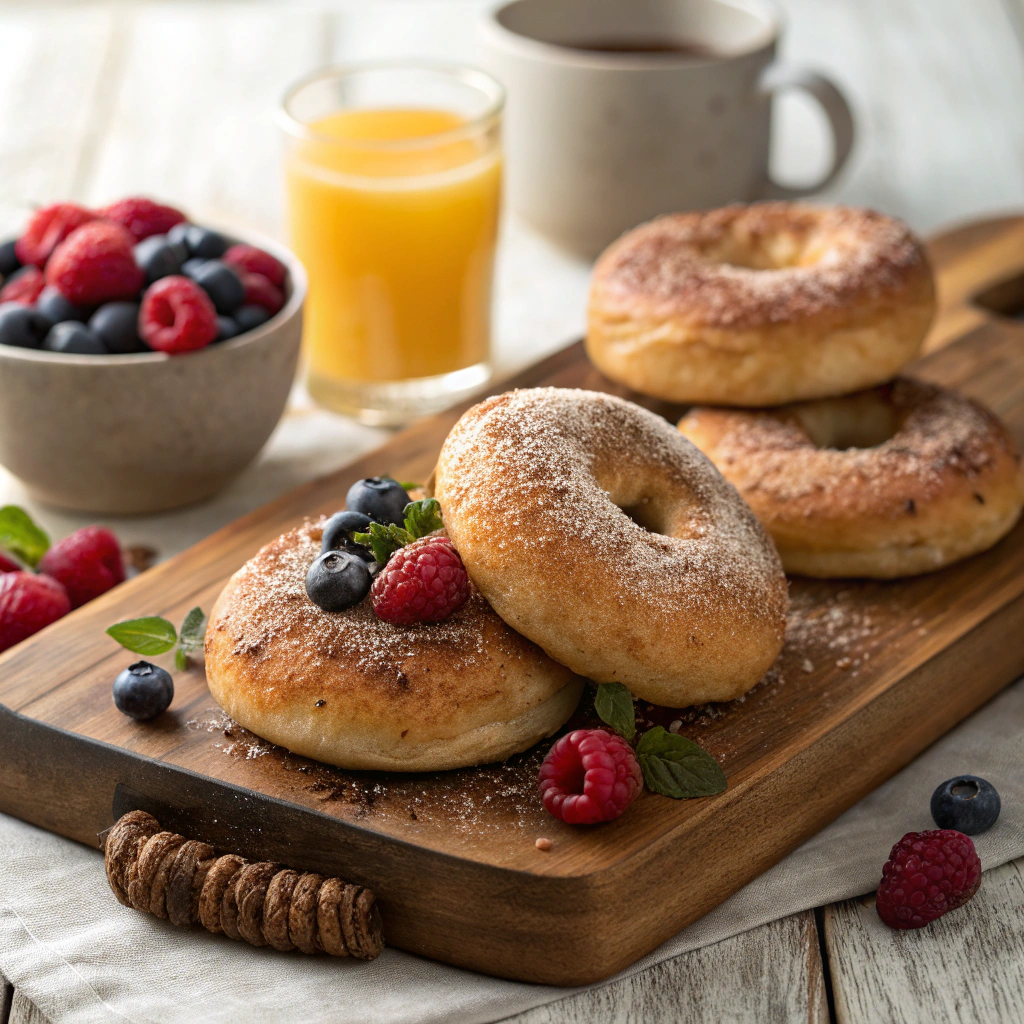 Homemade cinnamon sugar bagels topped with fresh berries and a sprig of mint on a wooden serving tray.