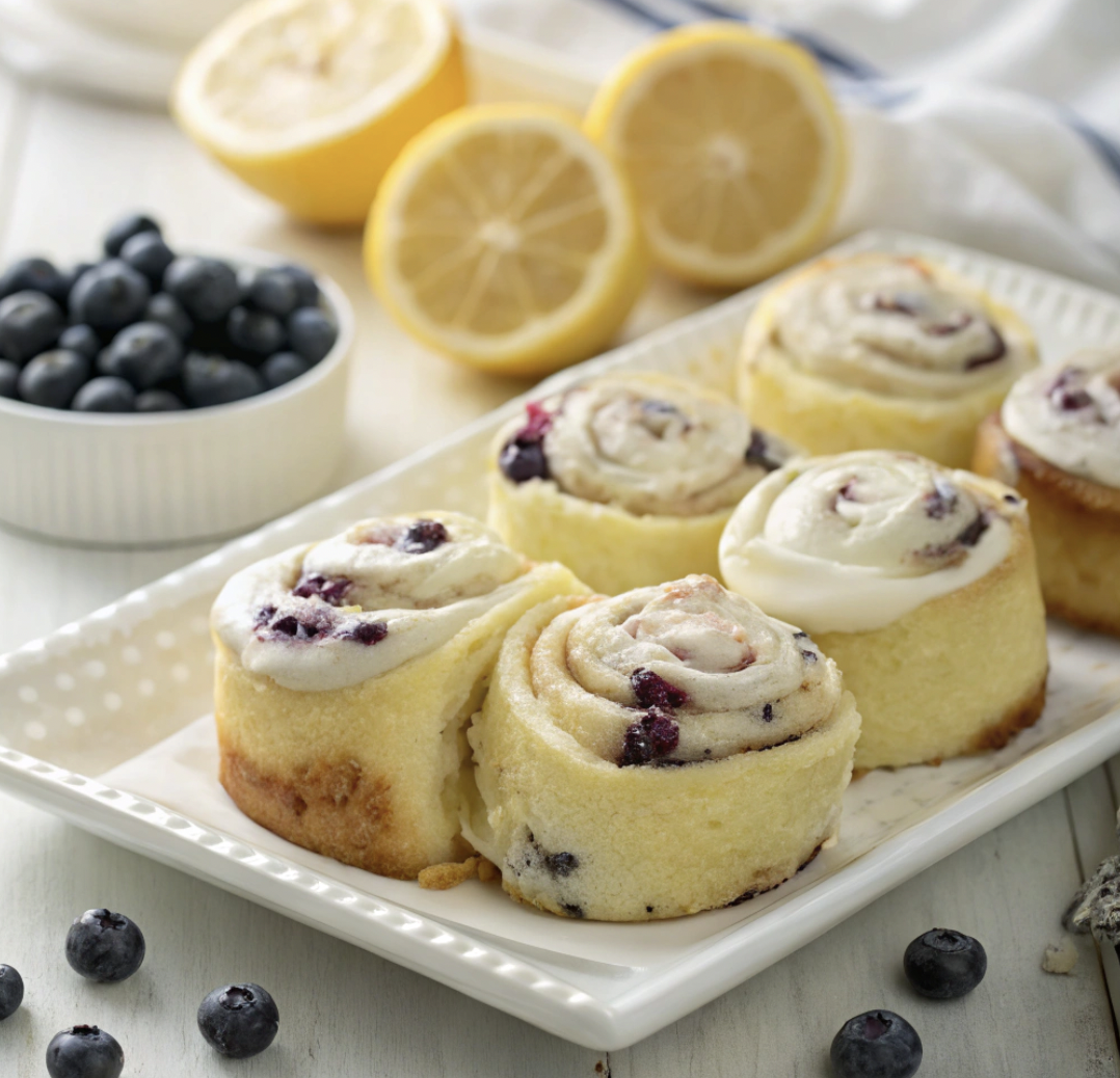 Fluffy lemon-blueberry rolls with a golden crust and cream cheese frosting, arranged on a white platter with a lemon and blueberries in the background, soft natural light, inviting and sweet.