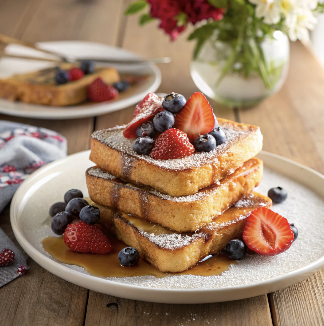 Golden, fluffy French toast slices stacked on a white plate, topped with fresh strawberries and blueberries, dusted with powdered sugar, drizzled with maple syrup, and set on a rustic wooden table with a vase of flowers in the background, soft morning light, warm and inviting.