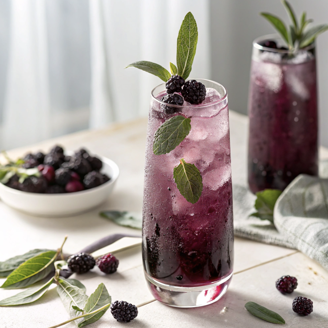A blackberry and sage spritzer in a tall glass, with a deep purple color and garnished with blackberries and sage leaves, set against a white background with soft natural light, elegant and refreshing.